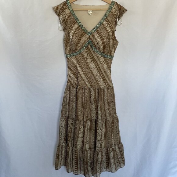 Sangria Vintage low waist Bohemian Brown Dress Beaded V-Neck Ruffled sleeve 10 - Picture 1 of 10